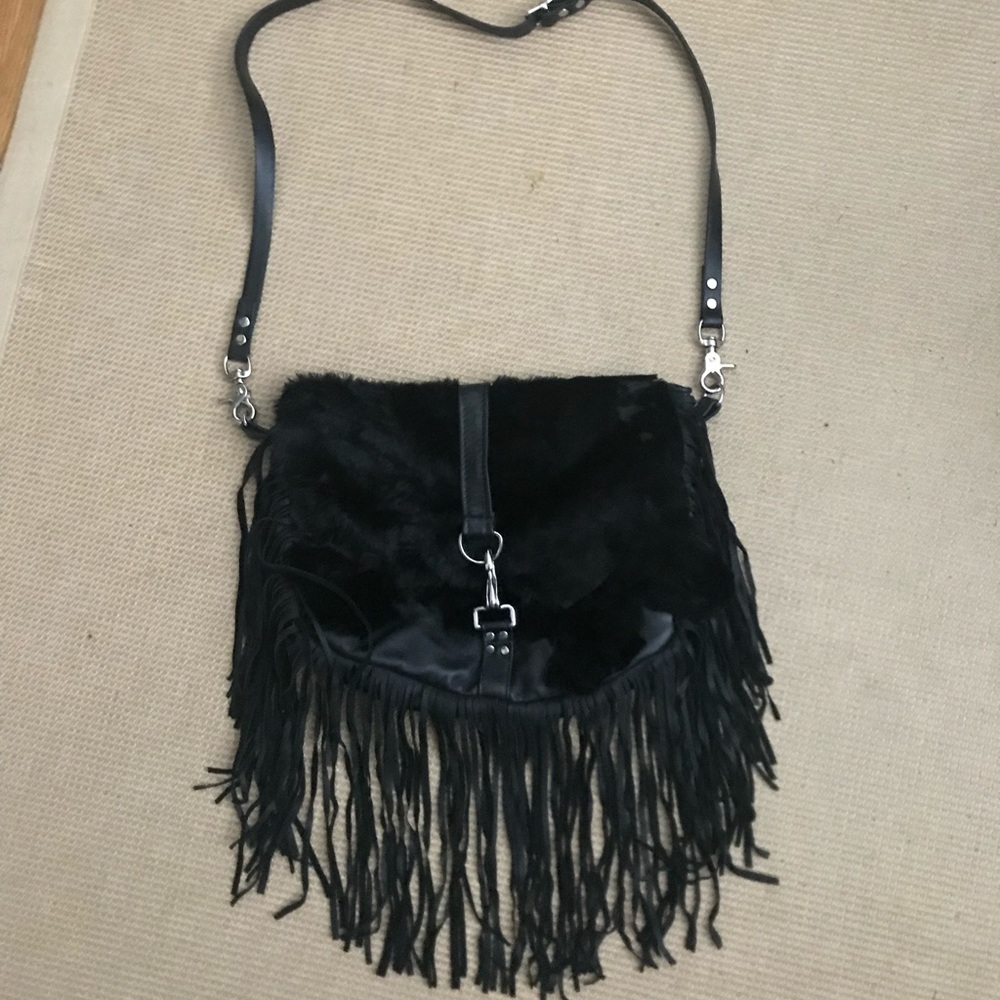 Black leather fringe cross body handbag purse